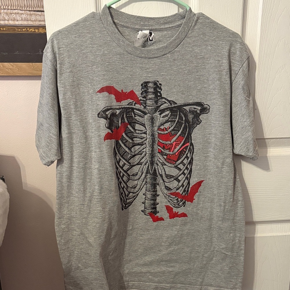 MTV Gray Tee with Skeleton and Red Bats